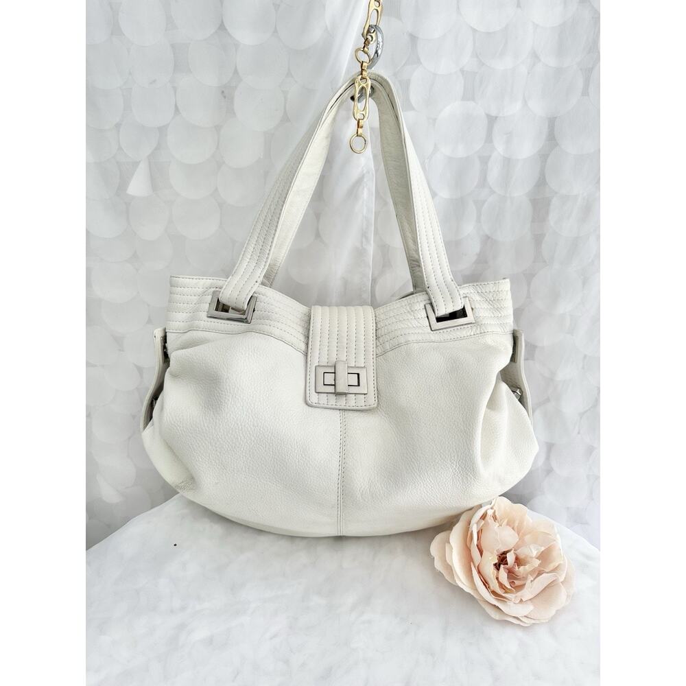 VTG KOOBA White Leather Shoulder Bag X LARGE Hobo Silver Hardware Pebbled Y2K